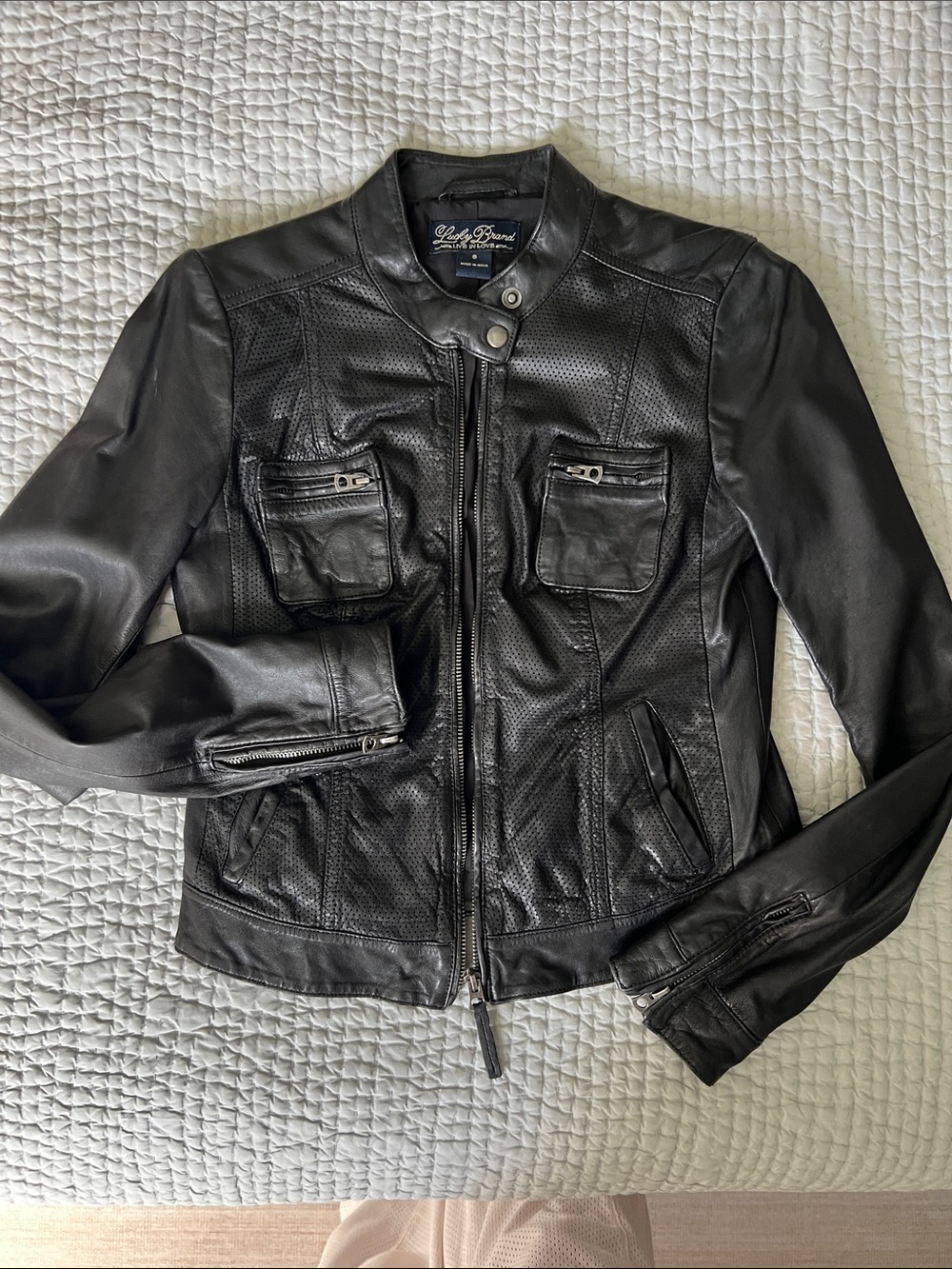 Lucky Brand Black Perforated Leather Moto Jacket